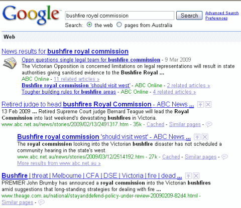 Google search results for bushfire royal commission.